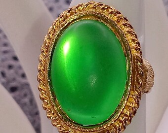 Adjustable Green Cabochon Gold Tone Statement Ring