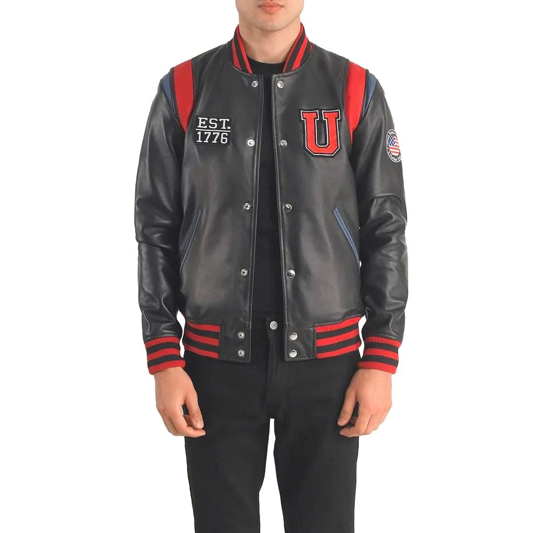 Men's Black Varsity Leather Jacket – Retro College Style