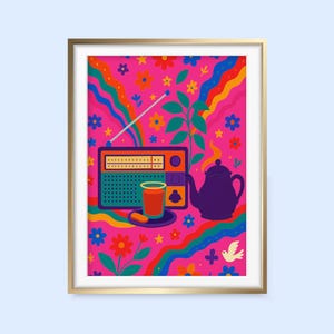 印刷可能なウォールアート | アラビア語ラジオティーモーメントポスター | カラフルでノスタルジックなデジタルプリント | レトロな中東のキッチンデコレーション ダウンロード