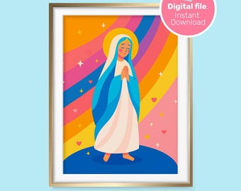 May include: A framed digital art print featuring a stylized illustration of a religious figure with a blue veil and white robe, set against a rainbow background. The artwork includes a gold frame and a pink circle with the text "Digital file. Instant Download."