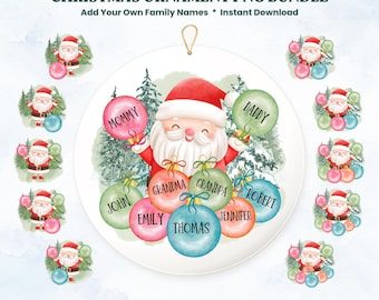 May include: A digital bundle of Santa family Christmas ornament designs featuring a central illustration of Santa Claus holding multiple colorful baubles labeled with names like Mommy, Daddy, Grandma, Grandpa, John, Emily, Thomas, Jennifer, and Robert.