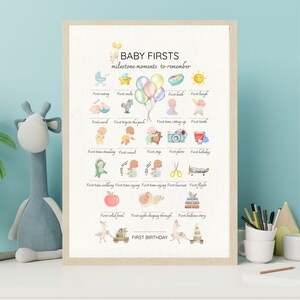 Afdrukbaar babygeheugenbord | First Moments-tracker | Digitale mijlpalentabel | Eerste glimlach, stap, woord | Kinderkamerdecoratie | Direct downloaden