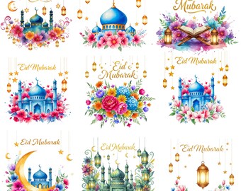 Eid Mubarak Watercolor Clipart Bundle, Islamic Mosque Floral Graphics (Digital Download)