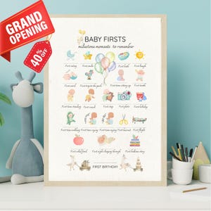 Afdrukbaar babygeheugenbord | First Moments-tracker | Digitale mijlpalentabel | Eerste glimlach, stap, woord | Kinderkamerdecoratie | Direct downloaden