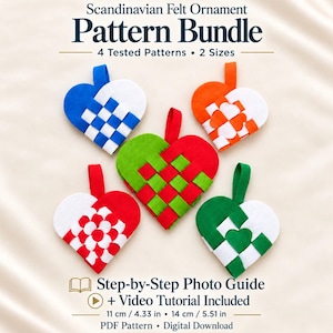 May include: Scandinavian Felt Ornament Pattern Bundle featuring 4 tested patterns in 2 sizes. Includes 5 woven heart ornaments in blue, orange, red, green, and white. Text includes Step-by-Step Photo Guide, Video Tutorial, 11 cm / 4.33 in, 14 cm / 5.51 in, and PDF Pattern.