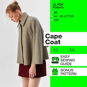Peut inclure: Une femme porte un manteau cape beige et une jupe bordeaux. L'image comprend le texte "Cape Coat" et "XS - 3XL". Du texte supplémentaire indique que le patron est un PDF avec un guide de couture facile et un patron bonus.