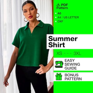 May include: A woman wearing a green summer shirt with a V-neck collar and short sleeves, paired with black pants. The image includes text that says "Summer Shirt" and "XS...3XL". The image also includes a PDF pattern.