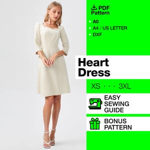 Pode incluir: Uma mulher vestindo um vestido creme com decote quadrado e mangas três-quartos. O vestido é na altura do joelho e tem uma saia rodada. O texto diz "Heart Dress" e "XS - 3XL". Texto adicional inclui "PDF Pattern", "Easy Sewing Guide" e "Bonus Pattern".
