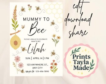 Floral Bee Baby Shower Invitation, Editable Template (Digital Download)