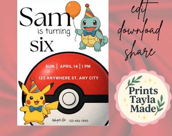 Pikachu & Squirtle Birthday Invitation | Editable Canva Template (Digital Download
