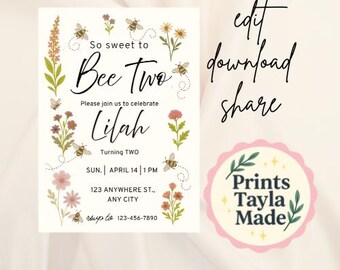 Bee Two Birthday Invitation Girl, Floral Bee Birthday Invite, 2nd Birthday Girl Invitation, Editable Canva Template, Bee Party Invite, Insta