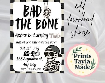 May include: A birthday party invitation with a black and white checkered border. The invitation features the text "BAD THE BONE" and "Asher is turning TWO". A skeleton wearing sunglasses and a hat is also featured.