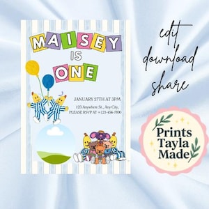 May include: A birthday party invitation with the text "MAISEY IS ONE" in colorful block letters. The invitation features cartoon banana characters, balloons, and event details. The invitation is decorated with a light blue and white striped background.