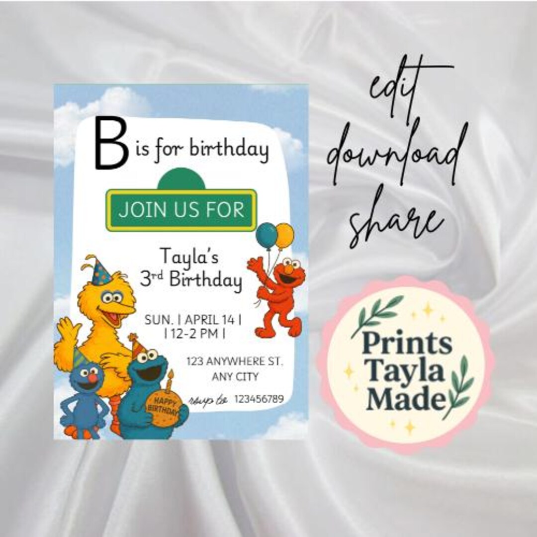 B is for Birthday Invitation | Sesame Street Party | Elmo Cookie ...