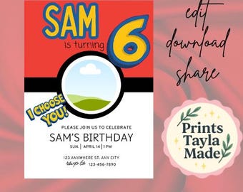 Invitación de cumpleaños de Pokéball / Plantilla editable de Canva (descarga digital)