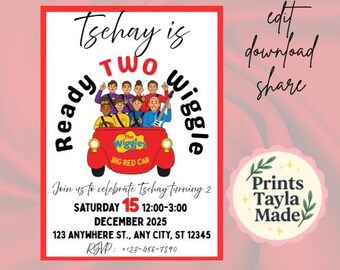 Wiggles Birthday Invitation Template, Big Red Car, 2nd birthday  Editable Canva (Digital Download) ready two wiggle