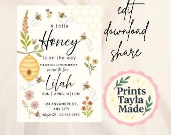 Floral Bee Baby Shower Invitation, Honeycomb Template (Digital Download)
