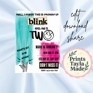 Puede incluir: Una invitación de fiesta de cumpleaños con un fondo de acuarela turquesa y rosa. La invitación presenta el texto "blink" y "TWO" con una carita sonriente. El texto adicional incluye "MARK IS TURNING 2" y detalles del evento.