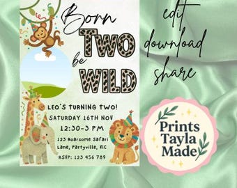 Born Two Be Wild Birthday Invitation | Editable Jungle Party Invite | Safari Animals 2nd Birthday Canva Template | PrintsTaylaMade