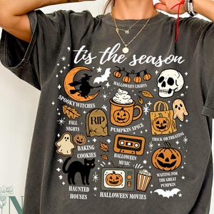Vintage Halloween Comfort Colors® Shirt, Tis&#39; the Season, Retro Halloween Aesthetic, Women&#39;s Halloween Shirt, Pumpkin Witch Graphic Tee