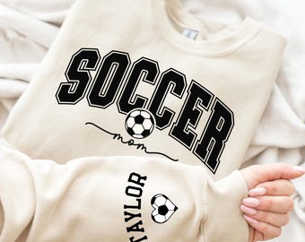Personalize Soccer Mom Kids Name On Sleeve Sweatshirt, Mom Soccer Sweater, Soccer Mama Shirt, Gift for Soccer Mom, Fall Soccer Season Shirt