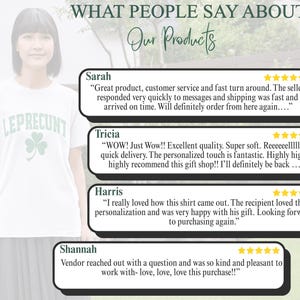 May include: A woman wearing a white t-shirt with the word "LEPRECUNT" in green, along with a green shamrock graphic. The image also includes customer testimonials about the product.