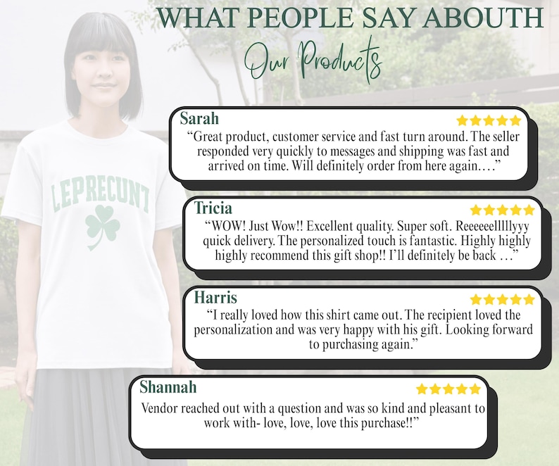 May include: A woman wearing a white t-shirt with the word "LEPRECUNT" in green, along with a green shamrock graphic. The image also includes customer testimonials about the product.