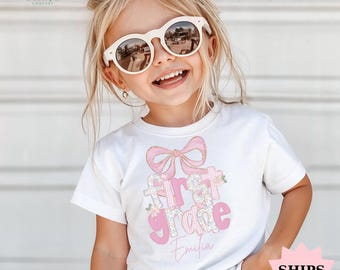 Custom Kids Name Back To School First Grade Shirt, Personalized Preppy 1st Grade Shirt for Girls, Elementary First Day Of School Outfit