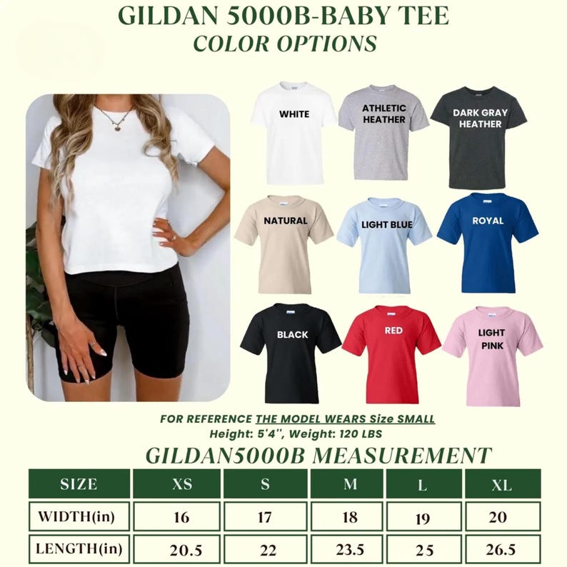 May include: A display of Gildan 5000B baby tees in various colors, including white, athletic heather, dark gray heather, natural, light blue, royal, black, red, and light pink. The image also includes a size chart with measurements in inches.