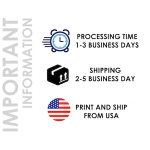 May include: White background with the words "IMPORTANT INFORMATION" in gray. The image includes a blue clock icon with the text "PROCESSING TIME 1-3 BUSINESS DAYS", a black box icon with the text "SHIPPING 2-5 BUSINESS DAY", and an American flag icon with the text "PRINT AND SHIP FROM USA".