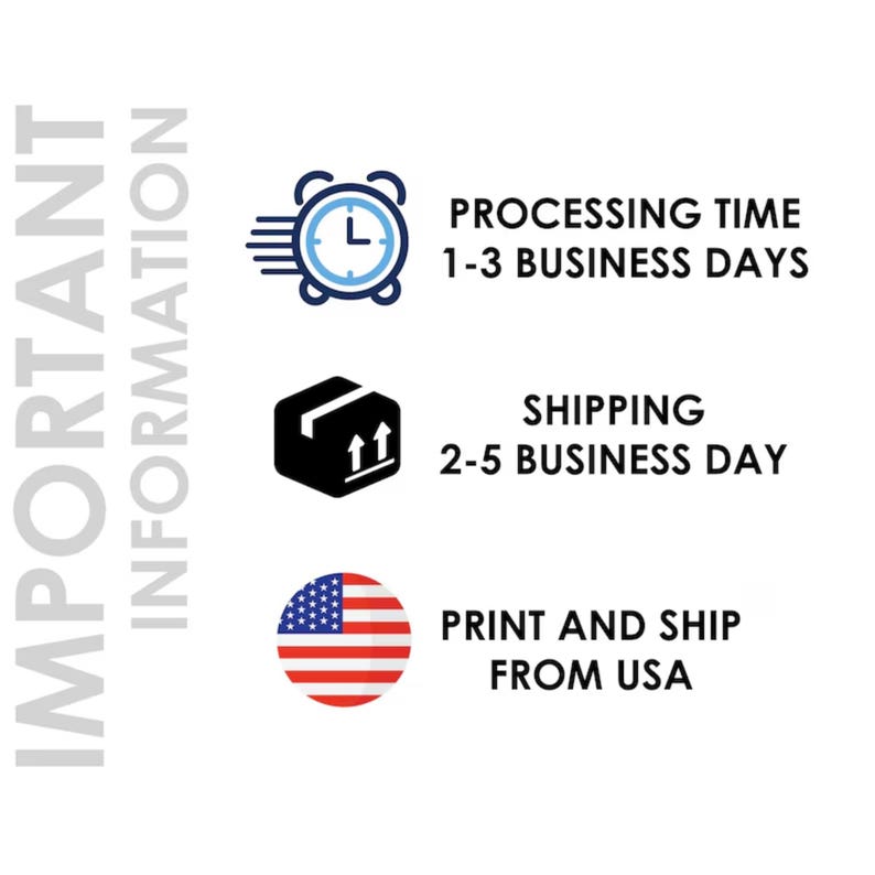 May include: White background with the words "IMPORTANT INFORMATION" in gray. The image includes a blue clock icon with the text "PROCESSING TIME 1-3 BUSINESS DAYS", a black box icon with the text "SHIPPING 2-5 BUSINESS DAY", and an American flag icon with the text "PRINT AND SHIP FROM USA".