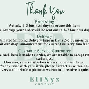 May include: A light green card with the words "Thank You" in elegant script. The card includes text about processing times, delivery, and customer service. The shop name "EliNyx COMFORT" is at the bottom.