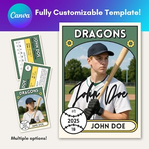 Modelo de cartão de beisebol personalizado Canva 01 - Cartão de jogador editável, convite para festa de beisebol, presente para treinadores/jogadores, cartão esportivo personalizável