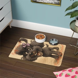 Personalized Caricature Pet Feeding Mat, Custom Made Pet Name Dog Bowl Mat, Create Your Own Dog Food Mat, Personalised Cat Feeding Mat.