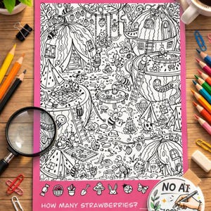 May include: Black and white illustration of a whimsical scene with strawberry-shaped houses, tents, and insects. The image includes the text "HOW MANY STRAWBERRIES?" and is surrounded by pencils, a magnifying glass, and other stationery.