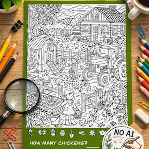 Farm Seek and Find Printable | Chicken Hidden Objects Activity | Kids Coloring Worksheet (Digital Download)