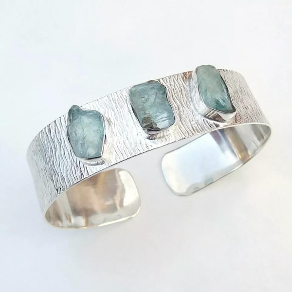 Bracelet jonc aigue-marine brute, pierres précieuses, fait main, argent 925, bracelet bohème, cadeau d'anniversaire, menottes réglables pour elle