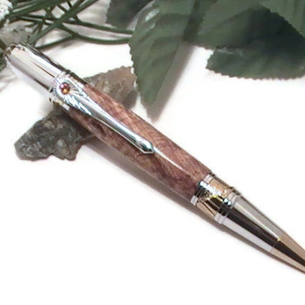 Art Deco Inspired Pen, Box Elder Burl Wood Pen with Golden Swarovski Crystal Inlay - Free Engraving