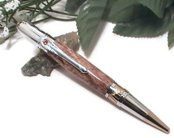 Art Deco Inspired Pen, Box Elder Burl Wood Pen with Golden Swarovski Crystal Inlay - Free Engraving