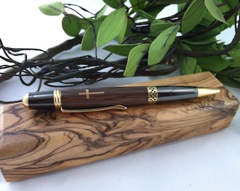 Walnut and Olivewood Holy Cross Inlay Pen and Olivewood Gift Box From Bethlehem, the Holy Land - FREE Engraving