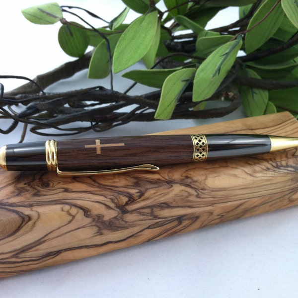 Walnut and Olivewood Holy Cross Inlay Pen and Olivewood Gift Box From Bethlehem, the Holy Land - FREE Engraving