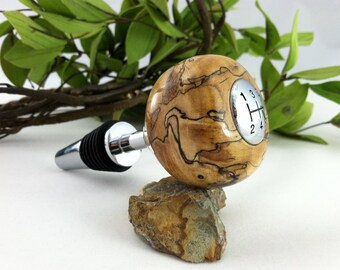 Hot Rod Black Veined Tamarind - Deep Black Spalted Veins in a Creamy White Exotic Wood and Chrome Gear Shift Wine Bottle Stopper