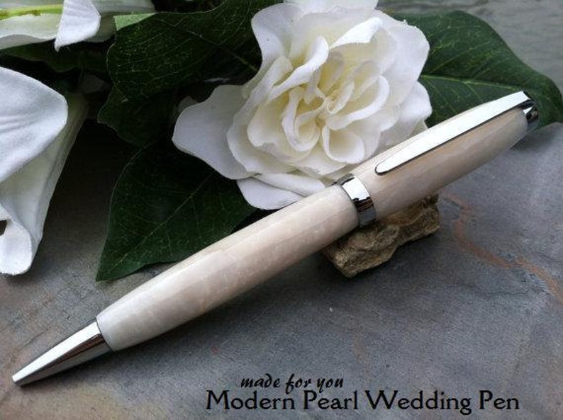 Wedding Guest Book Pen Modern White Pearl Writing Pen Free Engraving image 1