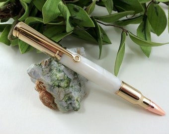 30 Caliber Bullet Cartridge Wedding Guest Book Pen - Pearly White and Gold - Free Engraving