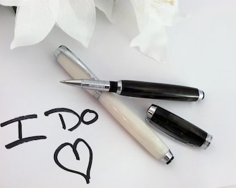 Bride and Groom Wedding Pen Set - Hand-Crafted White and Black Pearl His and Hers Wedding Guest Book Pens - Free Engraving