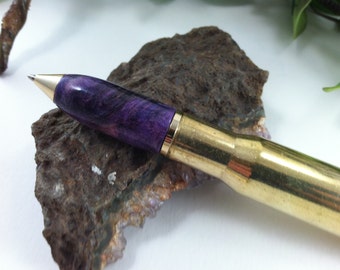 Vibrant Purple Dyed Maple Burl Spent 50 Caliber Machine Gun Bullet Cartridge Pen - Free Engraving