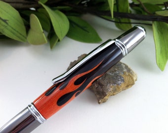 Ring of Fire - Orange and Black Inlay Flames Writing Pen - Free Engraving