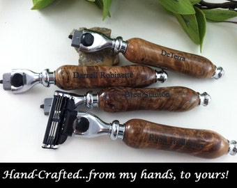 Personalized Engraved Maple Burl Wood Mach3 Razors - 4 Hand-Crafted Best Man Gift, Groomsman Gifts - FREE ENGRAVING