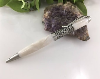 Wedding Guest Book Pen - Filigree White Pearl Writing Pen With 3 Swarovski Crystals   - Free Engraving