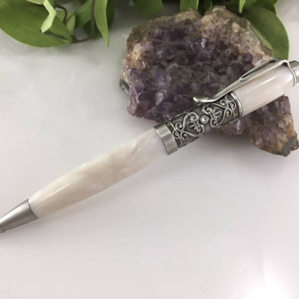 Wedding Guest Book Pen - Filigree White Pearl Writing Pen With 3 Swarovski Crystals   - Free Engraving